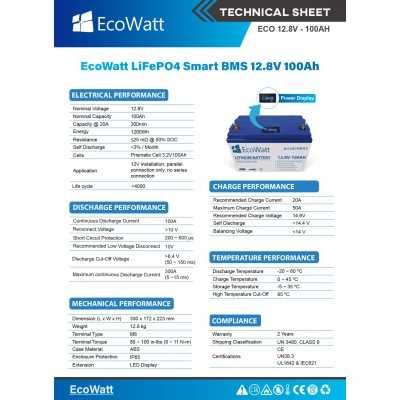 Batería de litio EcoWatt LiFePO4 Smart BMS 12.8V 100Ah