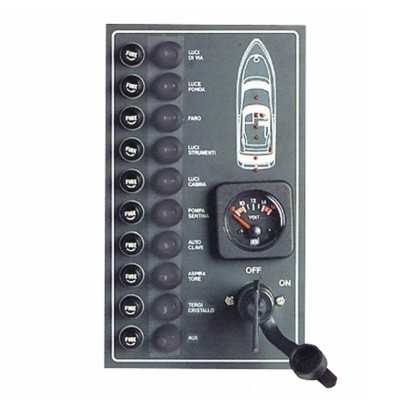 Pannello elettrico 10 interruttori 15A con Voltometro Staccabatteria Check panel OS1470800-18%