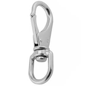 Stainless steel snap hook with asymmetric opening which enables ma imum fle  ibility. D 8mm, L 80mm. Width 19mm.